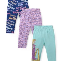Babyhug Disney Lycra Knit Full Length Leggings with Disney Princess Print Pack of 3 - Sky Navy Blue & Purple-image-60