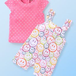 Babyhug Single Jersey Dungaree with Half Sleeves Inner Tee Polka Dot Print - Pink-image-71