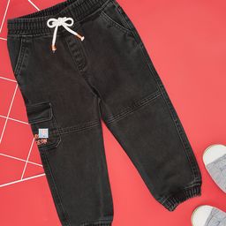 Pantaloons Baby Cotton Elastane Text Printed Jeans - Jet Black-image-59