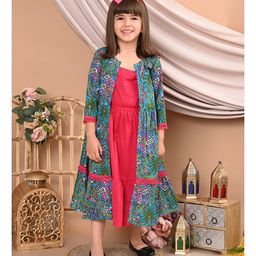Superminis Cotton Solid Dress With   Three Fourth Sleeves Floral Printed Shrug  -  Blue-image-64