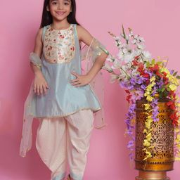 Little Bansi Sleeveless Sequin Floral Embroidered & Lace Embellished Kurta Dhoti With Dupatta - Dolphin Blue-picture-14