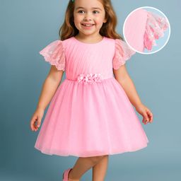Babyhug Woven Half Flutter Sleeves Fit & Flared Mesh Shimmered  Party Frock with Pleated & Floral Detailing - Pink-picture-2
