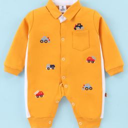 Mini Taurus Cotton Looper Knit Full Sleeves Construction Vehicles Embroiderer Romper - Mustard-image-64