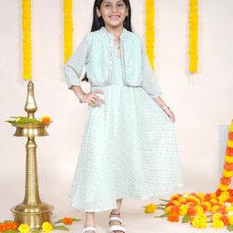 Kiddopanti Lace Embellished Dots Foil Printed With Attached Jacket Dress - Green-image-45