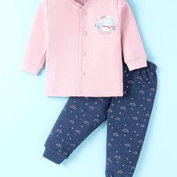 Simply Fleece Knit Full Sleeves Text Printed Night Suit - Light Pink & Navy Blue-image-14