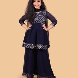 Titrit Georgette Three Fourth Sleeves Sequins Embellished & Mirror Work Detailed Kurta & Palazzo With Dupatta Set - Navy Blue-image-0