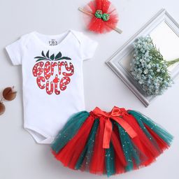 TINY MINY MEE Half Sleeves Berry Cute Text Printed Onesie With Skirt & Headband - White-image-20