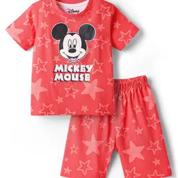 Babyhug Disney Single Jersey Knit Half Sleeves Shorts Night Suit with Mickey Mouse Graphics - Red-picture-2