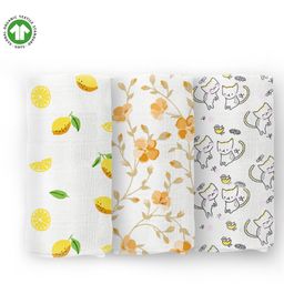 Moms Home Organic Cotton Muslin Swaddle| Soft Pure Cotton Sheets Baby Wrap Set for Newborn Babies |Lemon, Bloom & Cat | Pack of 3-picture-25