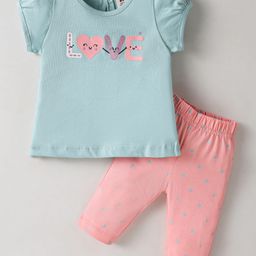 ToffyHouse Interlock Knit Half Sleeves Night Suit with Love Print - Turquoise-image-4