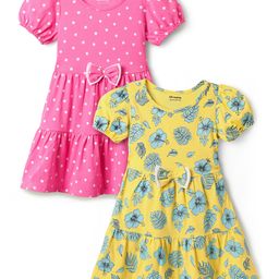 Honeyhap Premium Cotton Knit Half Puffed Sleeves Floral & Polka Dots Printed Frocks with Bio Wash & Bow Applique Pack of 2 - Lemon Zest & Carmine Rose-image-53