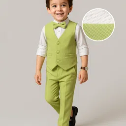 Babyhug Woven Full Sleeves Solid Color Party Suit with Shirt Waistcoat Trousers and Bow - White & Light Green-picture-23