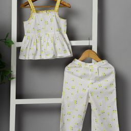 Budding Bees Cotton Sleeveless Mangoes & Polka Dots Printed Coordinating Top & Pant Set - Yellow-image-89