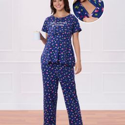 Bella Mama Cotton Knit Short Sleeves Nursing Night Suit With Butterfly & Floral Print - Navy Blue-image-14