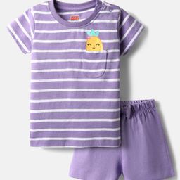 Babyhug Cotton Knit Half Sleeves Shorts Night Suit With Stripes - Lavender-image-64