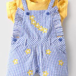 ToffyHouse Knitted Half Sleeves T-Shirt Dungaree Set with Checks & Floral Embroidery - Blue & Yellow-image-7