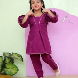 AATYA by Shruti Agarwal Cotton Half Bell Sleeves Mirror Work Embellished Kurta With Pant - Wine-image-63