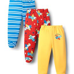 Babyhug Cotton Knit Bootie Leggings With Stripes & Aeroplane Print Pack Of 3 - Yellow Red & Light Blue-image-92