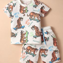 WOW Clothes Sinker Knit Half Sleeves Co-ords Shorts Night Suit With Tiger Print - Blue-image-82