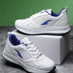 asian Mesh Detailed & Colour Blocked With Lace Up Running Shoes - White & Navy Blue-image-88