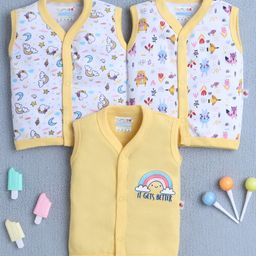 BUMZEE Cotton Pack Of 3 Sleeveless Rainbow & Animals Printed Jablas - White & Yellow-image-93