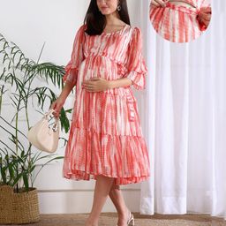 Shades of Sabi Chiffon Three Fourth Bell Sleeves Tie Dye Tiered Maternity Dress With Nursing Access - Coral-image-74