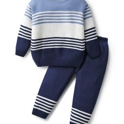 Babyhug Knit Full Sleeves Sweater Set With Stripes - Navy Blue-image-81