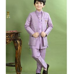 BT DEZINES Silk Blend Woven Solid Sherwani & Pant With Full Sleeves Sequins Embelished Jacket & Necklace Set - Lilac-image-78
