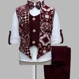 Radutu Full Sleeves Damask Printed 3 Piece Party Suit With Bow Set - Maroon & White-image-74