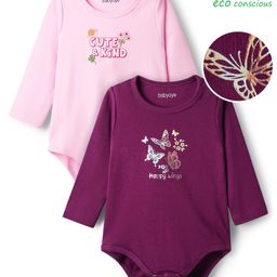 Babyoye 100% Cotton Knit with Eco Jiva Finish Full Sleeves Onesies with Floral & Butterfly Print Pack of 2 - Wine & Pink-picture-27