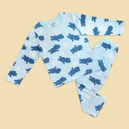 Be Awara Cotton Knit Full Sleeves Cute Hippo Printed Coordinating Night Suit Set - Blue-picture-22