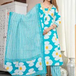 WILL BOTTOM Women Floral Printed Regular Pure Cotton Kurta Trousers With Dupatta-18