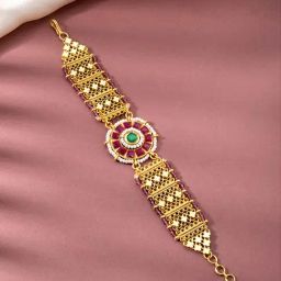 Peora Gold Plated Pink Green Synthetic Stone & Beads Openable Bracelet-image-63