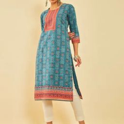 Soch Womens Blue & Red Cotton Ethnic Motif Printed Kurta With Thread Work-image-22