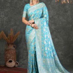 Satrani Blue Silk Woven Saree With Unstitched Blouse-image-24