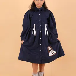 CALYX CLOTHING Girls Shirt Collar Puff Sleeve Tie-Ups Fit & Flare Cotton Dress-picture-27