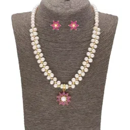 Sri Jagdamba Pearls Forever in Love Pink & Pearl White Necklace and Earring Set-18