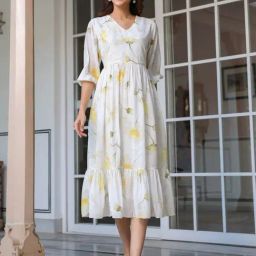 Janasya White Georgette Regular Fit Floral Dress-image-26