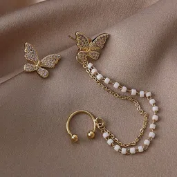 Celestria Korean Butterfly Shaped Artificial Stones Studded and Beaded Ear Cuff-66