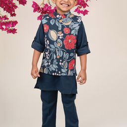 LITTLE COLLARS Boys Floral Printed Mandarin Collar Straight Kurta With Pyjamas-image-49