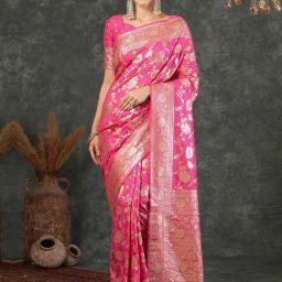 Satrani Pink Silk Woven Saree With Unstitched Blouse-image-33