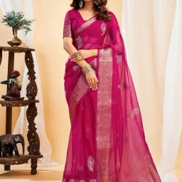 Satrani Pink Organza Embroidered Saree With Unstitched Blouse-image-20