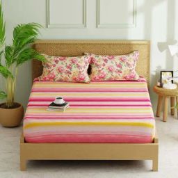 Bianca Lorenzo Beige & Pink Fabric 152 TC 120 GSM Double Fitted Bedsheet With 2 Pillow Covers-image-46