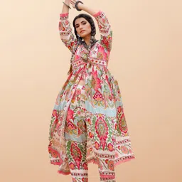 CUSTARD Floral Printed V-Neck Top & Trousers With Shrug-image-31