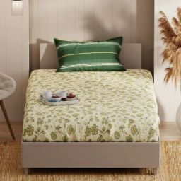 KOPA Yellow & Green Microfibre Floral 152 TC Single Bedsheet with 1 Pillow Cover-11
