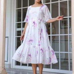 Janasya White Georgette Regular Fit Floral Dress-image-30