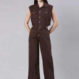SHOWOFF Brown Denim Maxi Jumpsuit-image-74