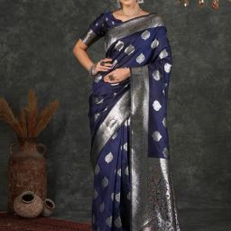 Satrani Navy Blue Silk Woven Saree With Unstitched Blouse-image-86