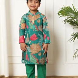 READIPRINT FASHIONS Kids Green & Brown Floral Print Full Sleeves Kurta with Pyjamas-image-49
