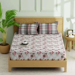 Bianca Lorenzo Grey & Red Fabric 152 TC 120 GSM Double Fitted Bedsheet With 2 Pillow Covers-picture-13